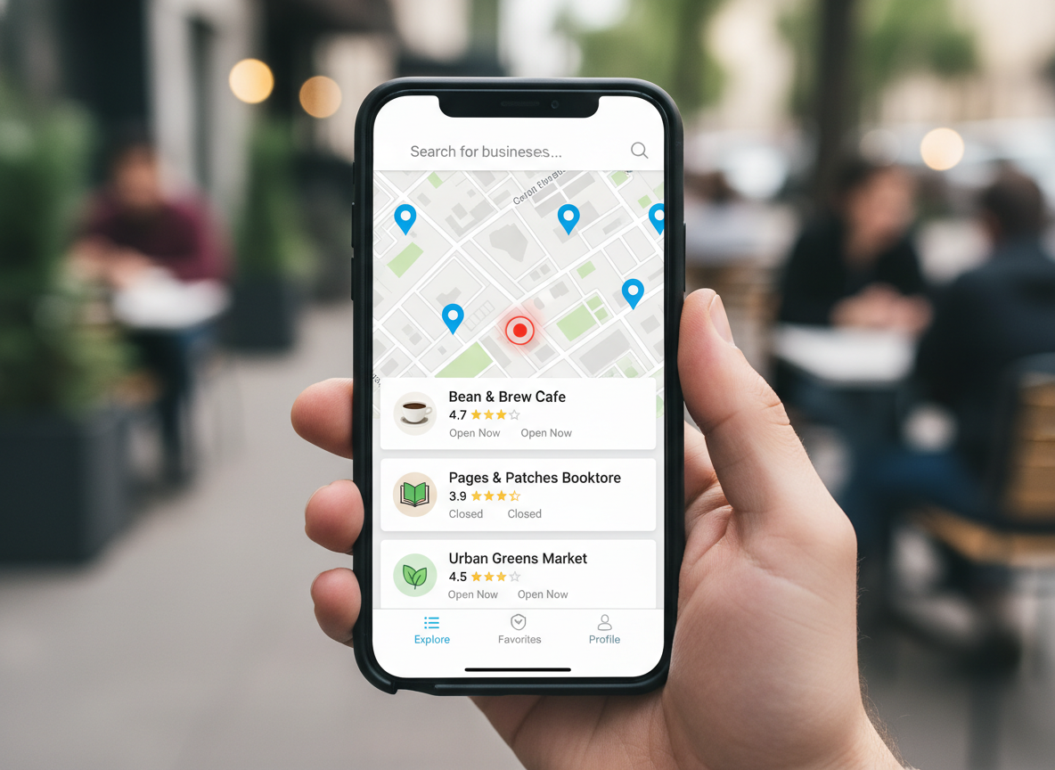 YP mobile app interface showing local search and business discovery - yp reviews