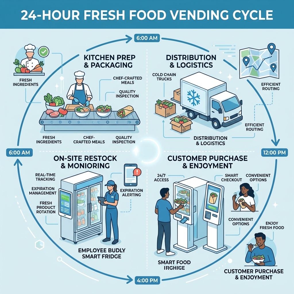 Infographic showing the 24-hour fresh food vending cycle from kitchen prep to restock to purchase - fresh food vending