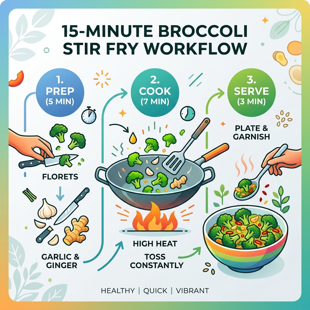 15-minute broccoli stir fry workflow infographic showing prep, cook, and serve steps - broccoli stir fry healthy infographic 