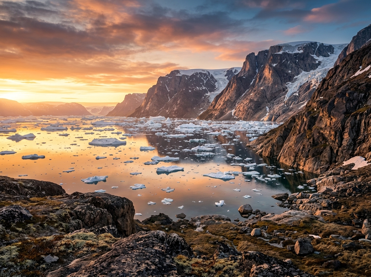 The rugged and untouched Greenland coastline during the midnight sun - immersive travel destinations The rugged and untouched Greenland coastline during the midnight sun - immersive travel destinations