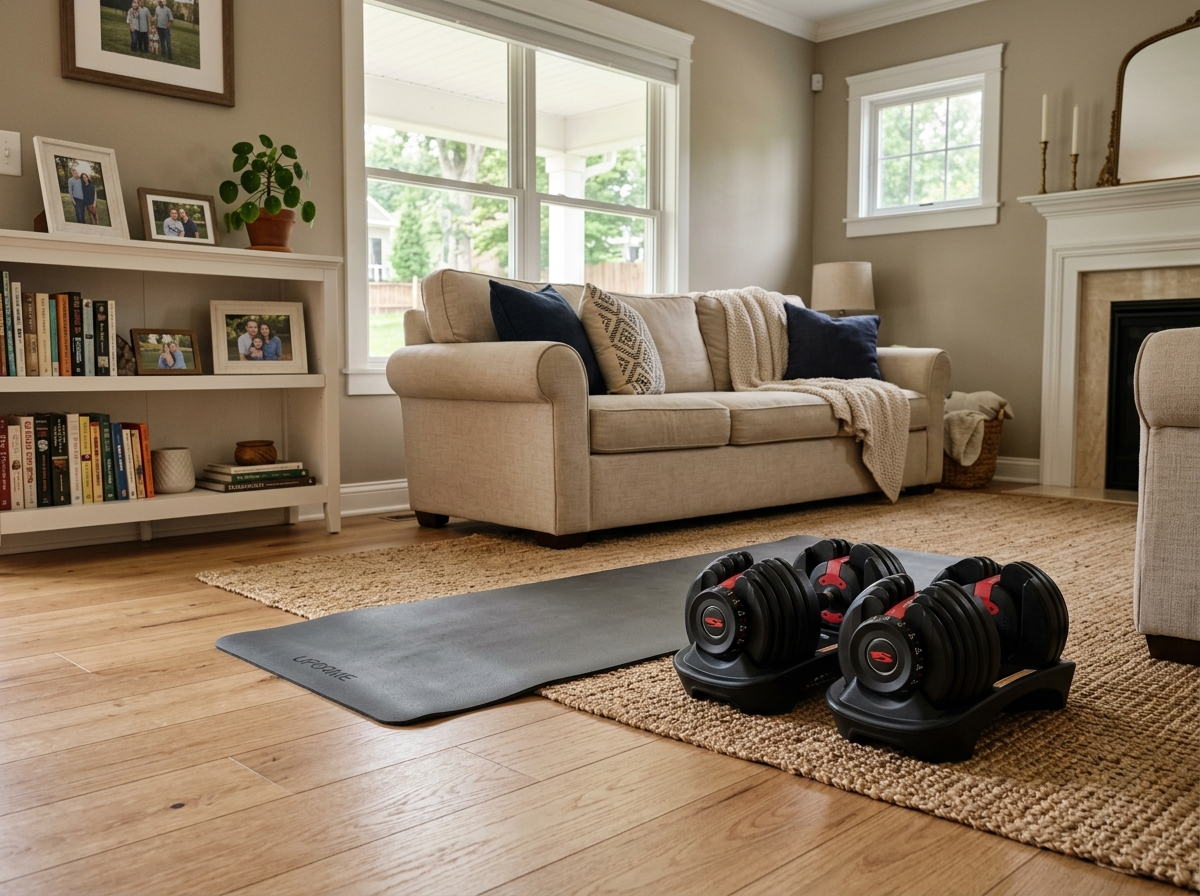 Adjustable dumbbells and a yoga mat on a living room floor - home workout push day