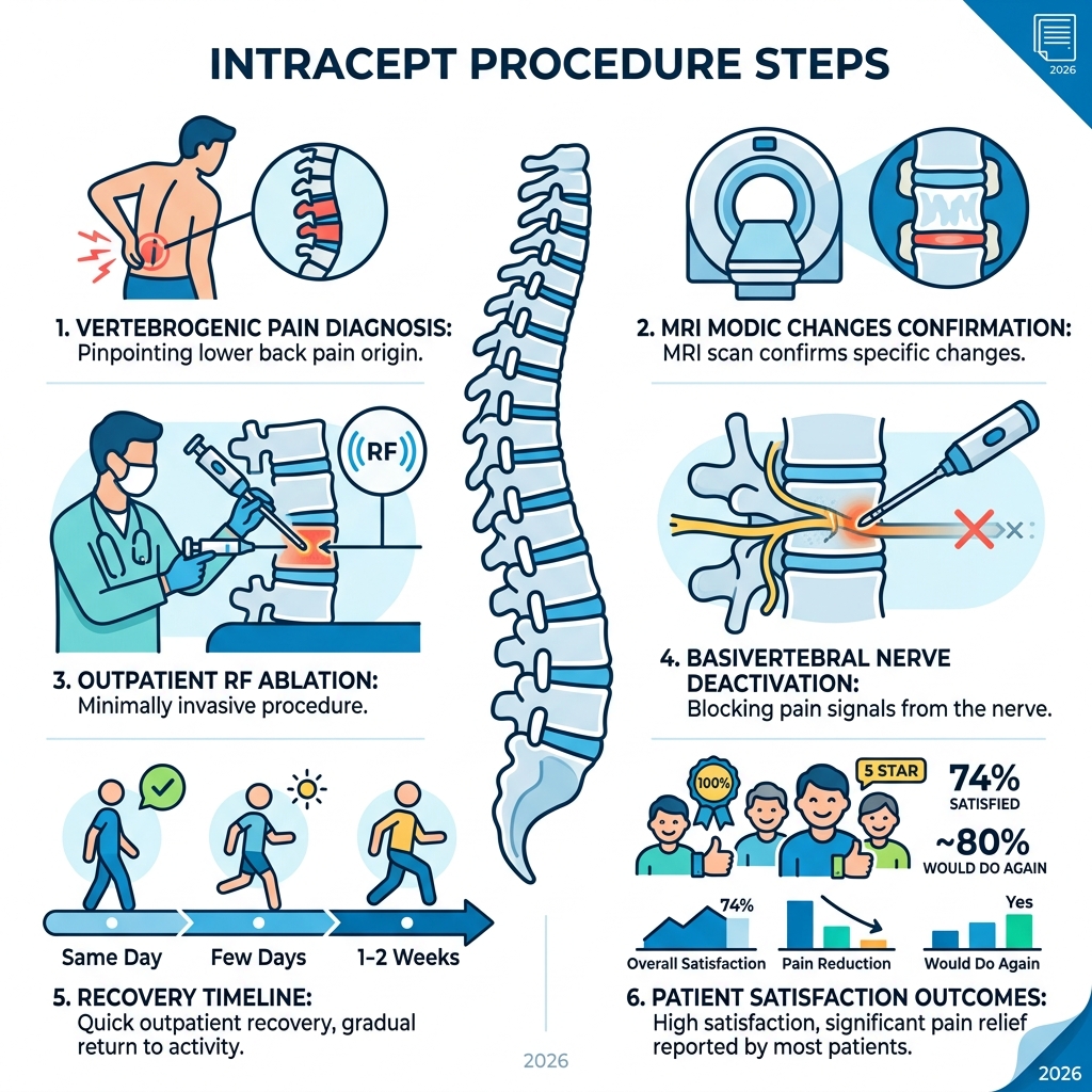 Infographic showing Intracept procedure steps: vertebrogenic pain diagnosis, MRI Modic changes confirmation, outpatient