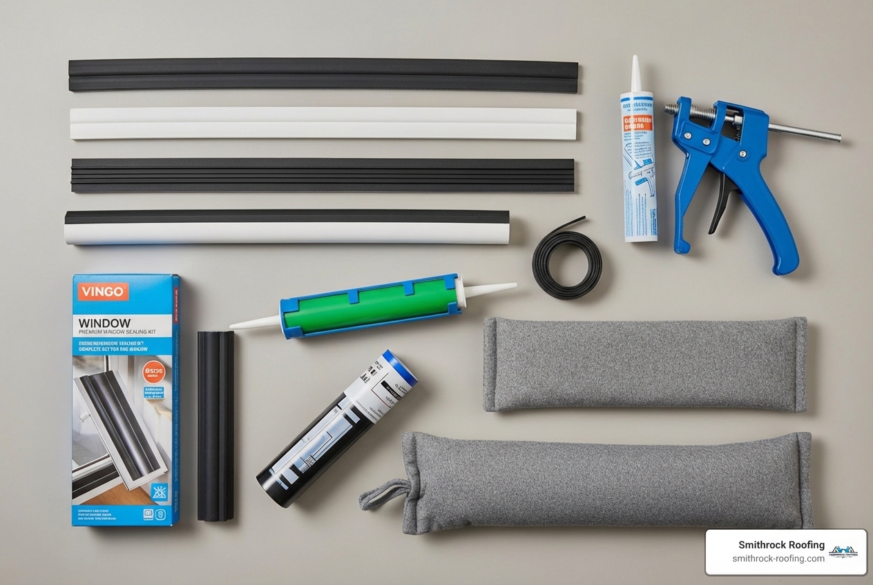 A collection of DIY window insulation materials: various types of weatherstripping, a caulk gun, a window film kit, and a fabric draft stopper - insulate drafty windows