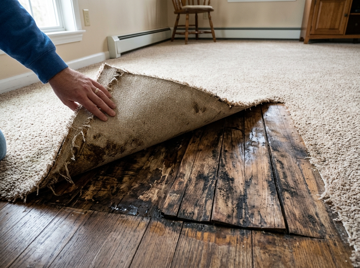 water-damaged floorboards under a carpet - how to dry carpet fast