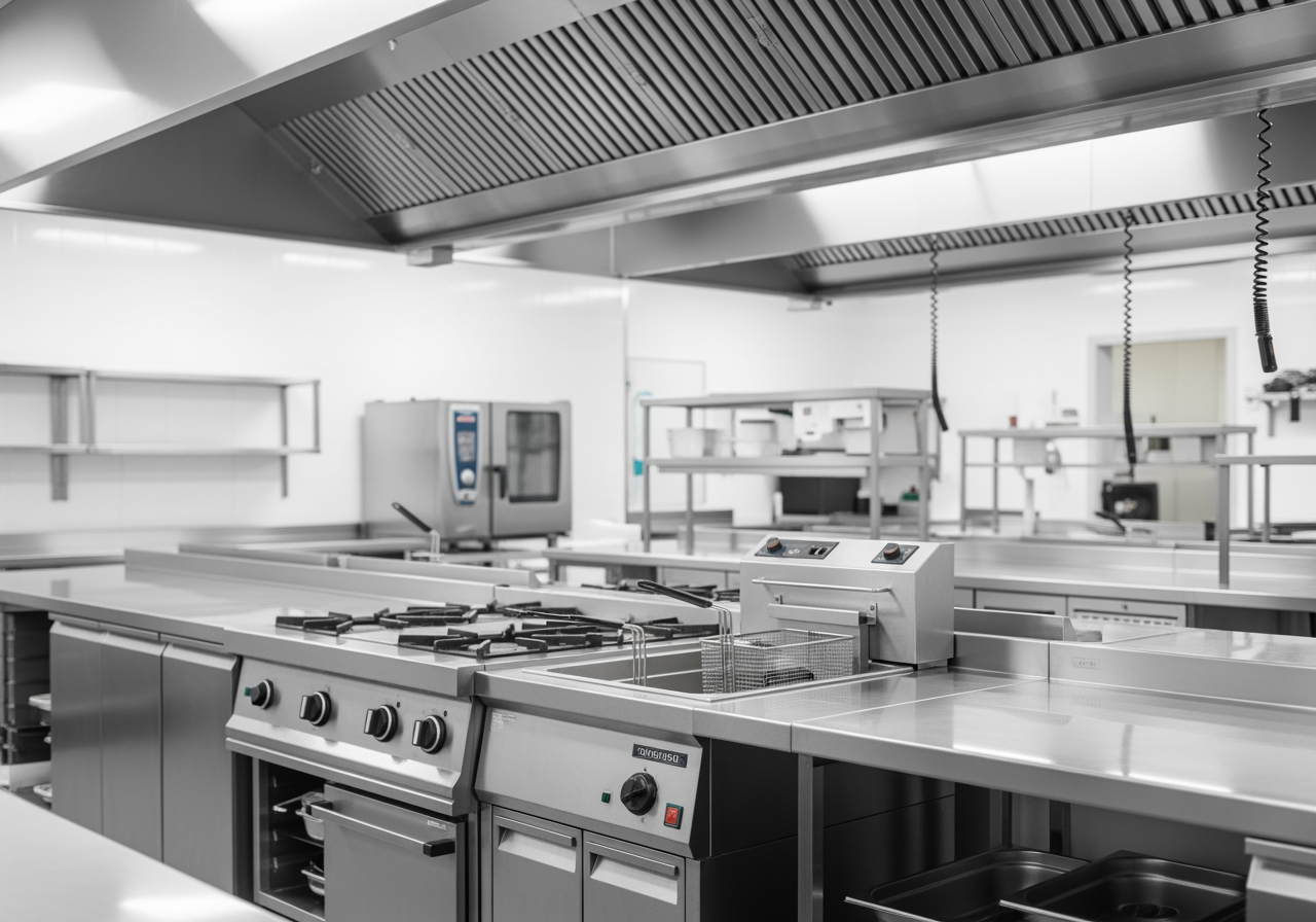 A professional kitchen featuring a clean stainless steel commercial deep fryer under a large canopy hood - commercial deep fryer with hood