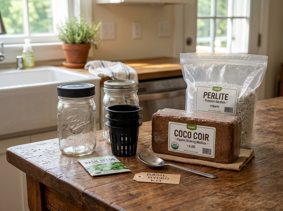 DIY kit materials including glass jars, net pots, and coco coir - diy hydro basil kit DIY kit materials including glass jars, net pots, and coco coir - diy hydro basil kit