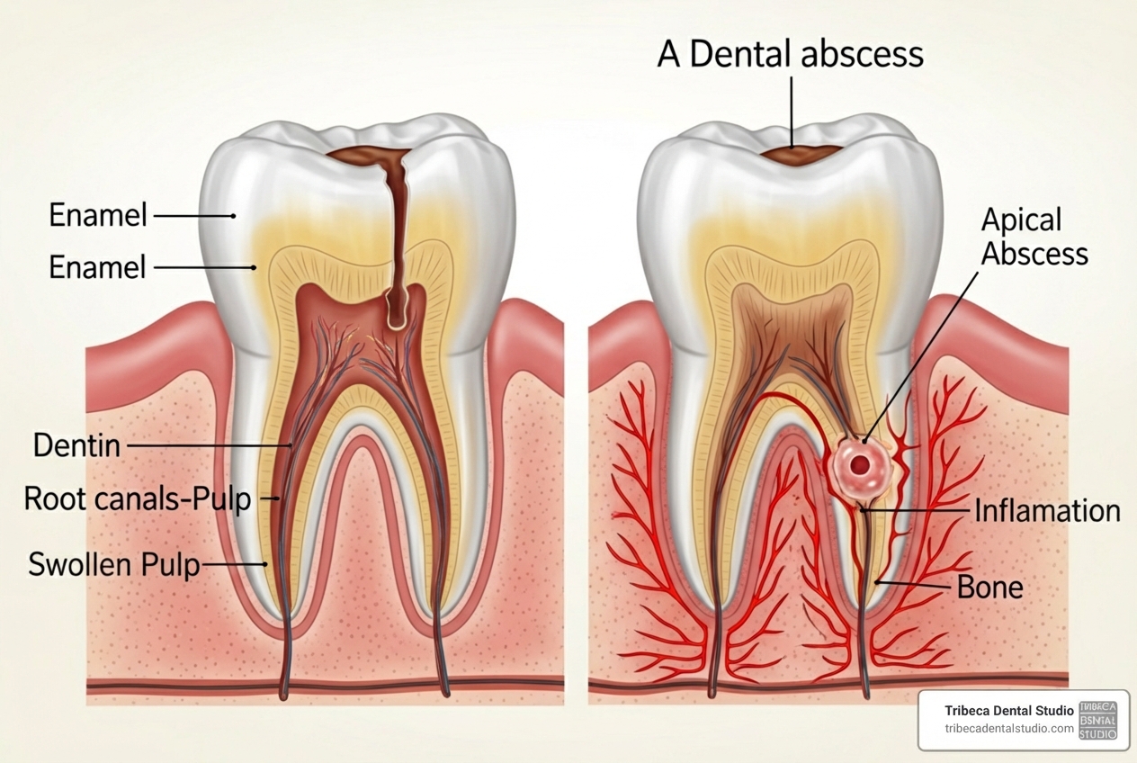Diagram showing a healthy tooth next to a tooth with an abscess, illustrating the difference and severity. - emergency dentist nyc medicaid