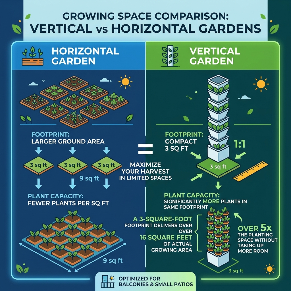 Comparison of vertical vs horizontal garden footprint and plant capacity - vertical garden planters outdoor infographic 
