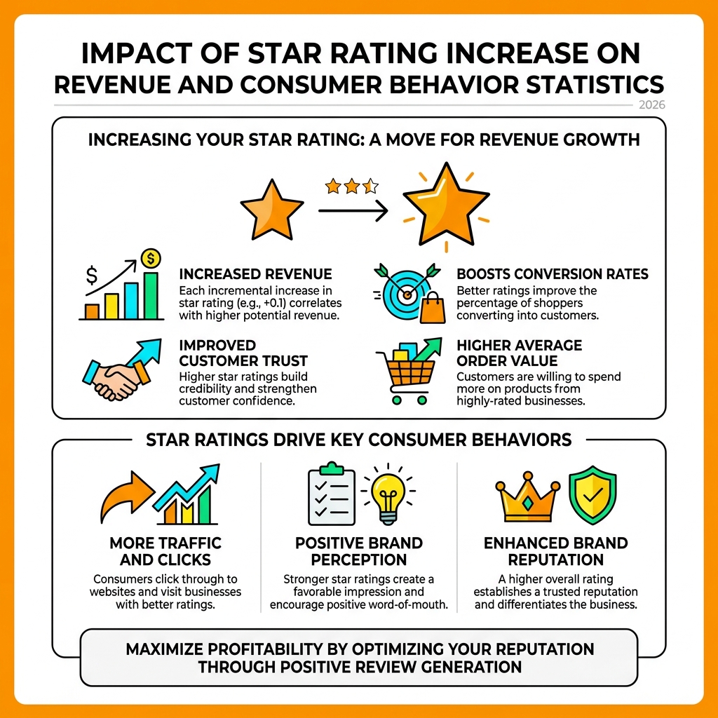 Infographic showing impact of star rating increase on revenue and consumer behavior statistics - negative review removal