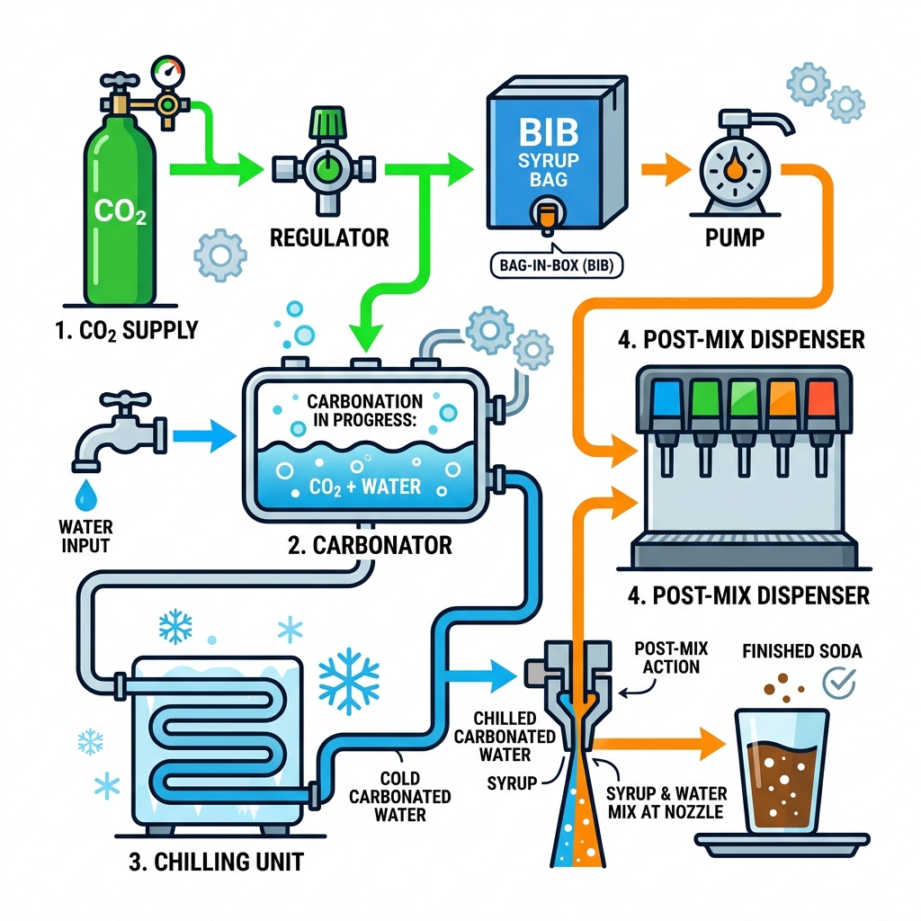 Infographic showing the post-mix soda dispensing process from CO2 tank and BIB syrup through carbonator to dispenser valve Infographic showing the post-mix soda dispensing process from CO2 tank and BIB syrup through carbonator to dispenser valve