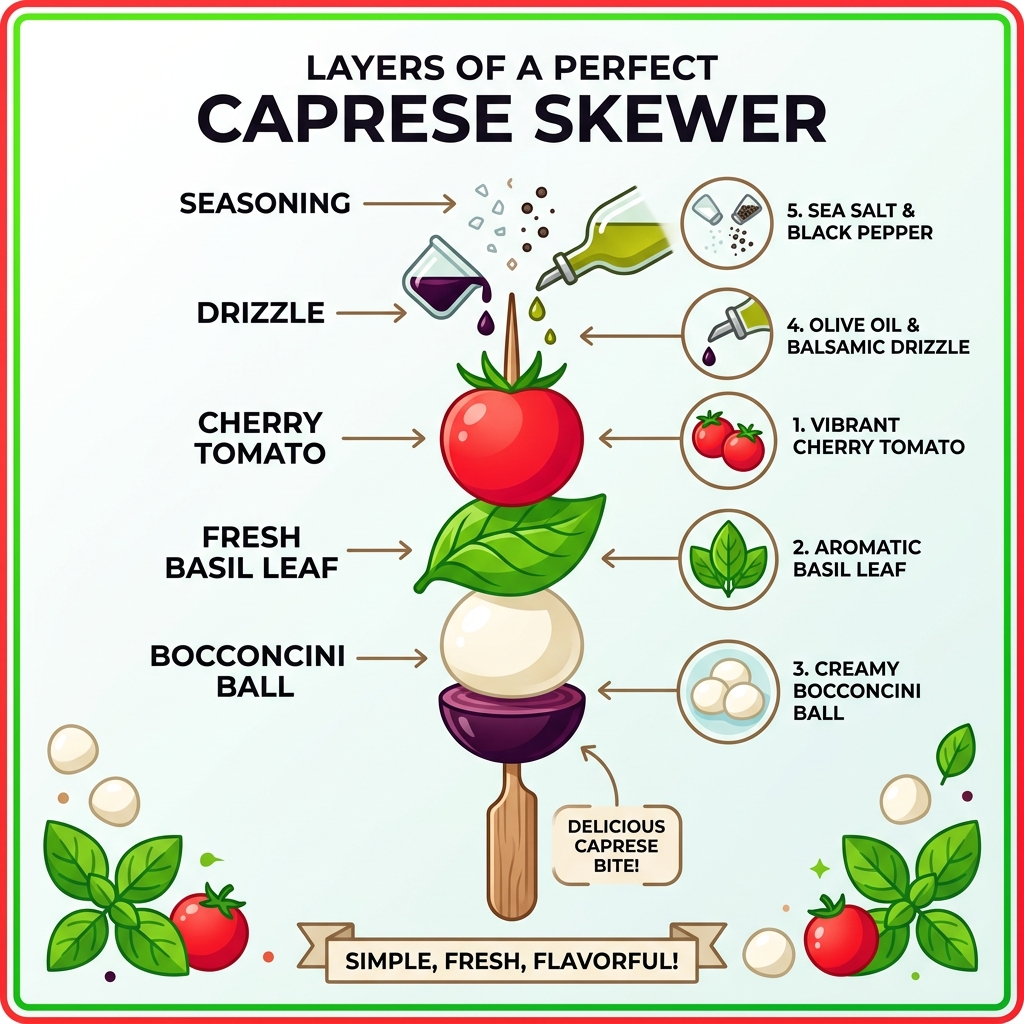 Infographic showing layers of a perfect Caprese skewer: tomato, basil, bocconcini, drizzle, seasoning - bocconcini and