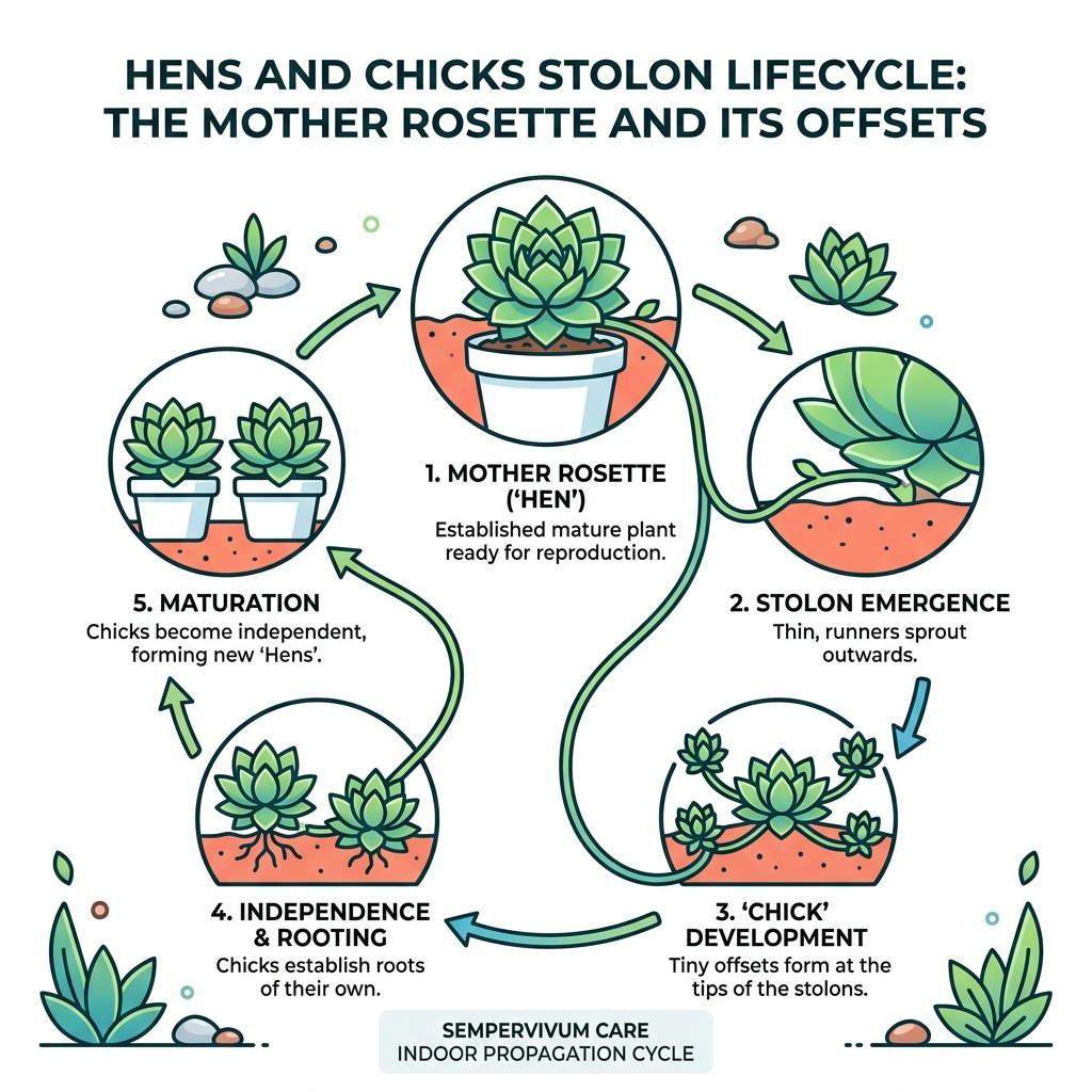 Hens and Chicks stolon lifecycle infographic showing mother rosette producing offsets - sempervivum care indoor infographic 