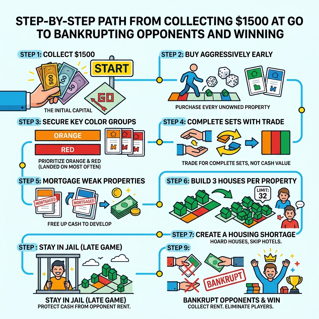 Infographic: Step-by-step path from collecting $1500 at Go to bankrupting opponents and winning - monopoly strategy guide Infographic: Step-by-step path from collecting $1500 at Go to bankrupting opponents and winning - monopoly strategy guide