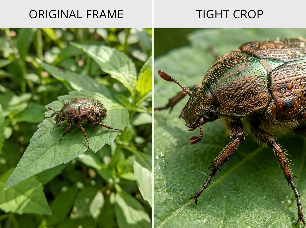 Before and after comparison of a macro insect shot showing a loose original and a tight crop - macro photography editing
