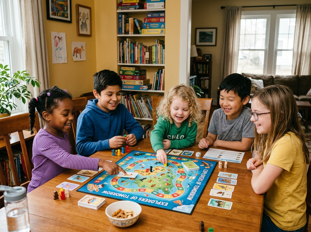 Kids of different ages playing an educational board game together - best homeschool games