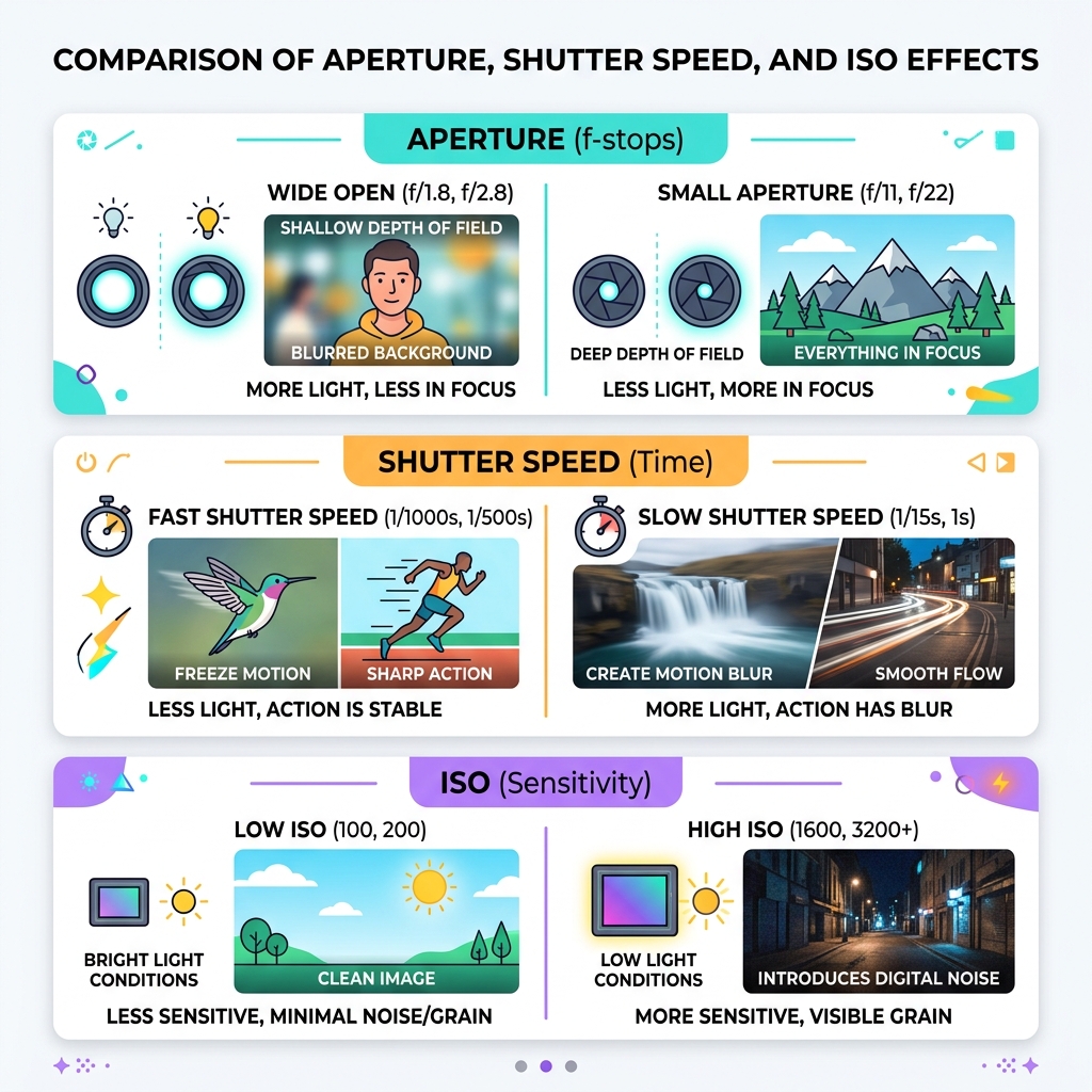 Comparison of aperture, shutter speed, and ISO effects - basic photography techniques pdf infographic 