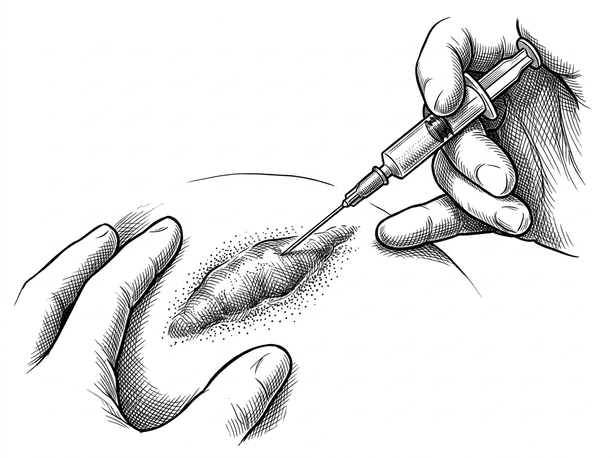 pen and ink illustration of a needle performing an intralesional injection into a raised scar - keloid treatment without
