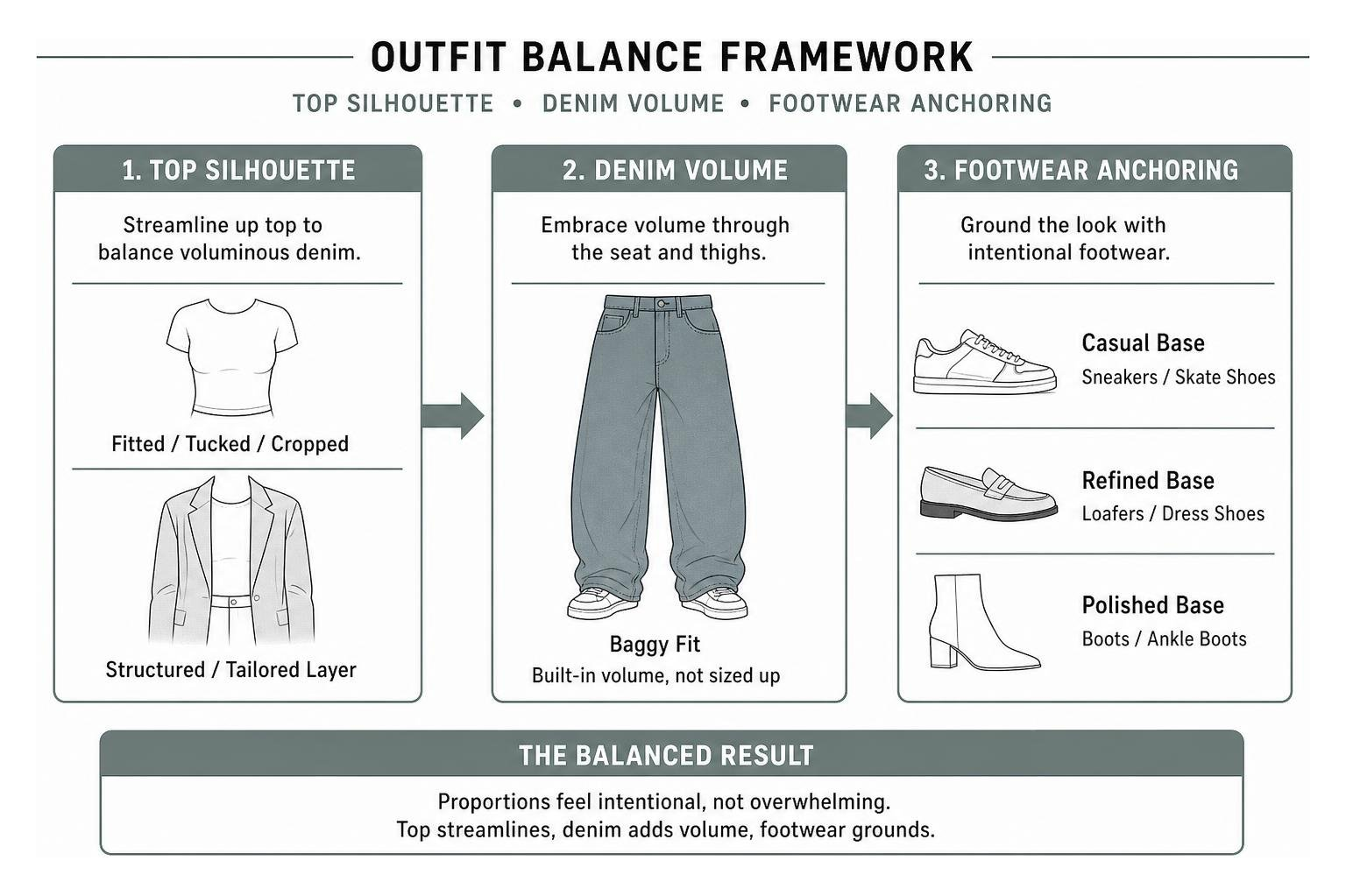 Outfit balance framework comparing top silhouette, denim volume, and footwear anchoring Outfit balance framework comparing top silhouette, denim volume, and footwear anchoring