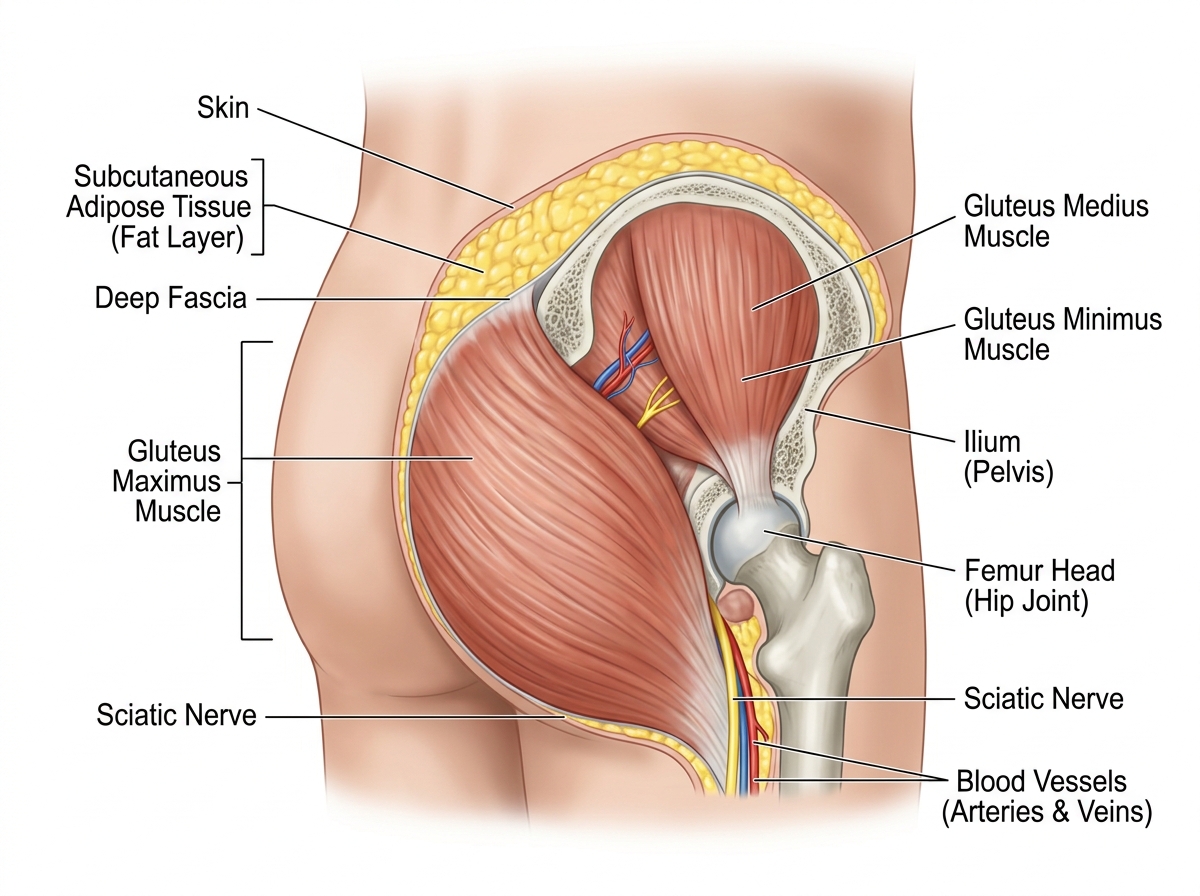 Anatomy of the gluteal muscles and subcutaneous fat layers - brazilian butt lift male