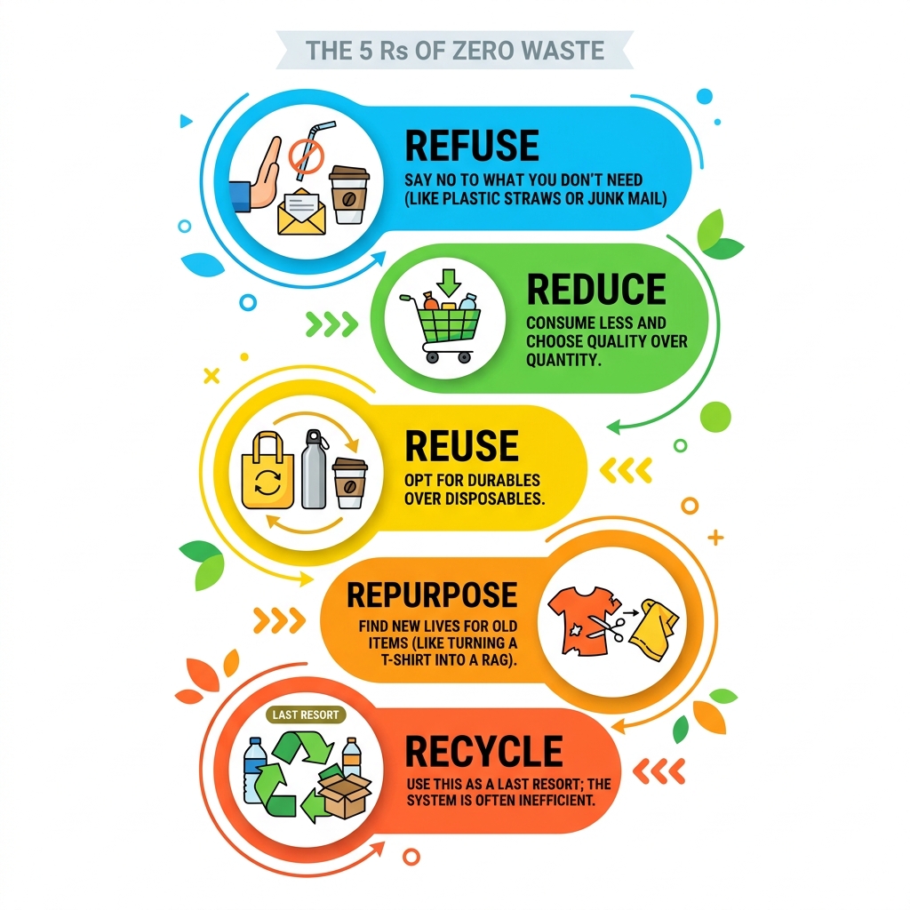 The 5 Rs of Zero Waste: Refuse, Reduce, Reuse, Repurpose, Recycle - easy zero waste swaps infographic 