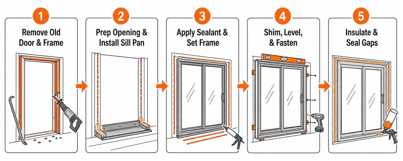 Diagram of the step-by-step sliding door installation sequence Diagram of the step-by-step sliding door installation sequence