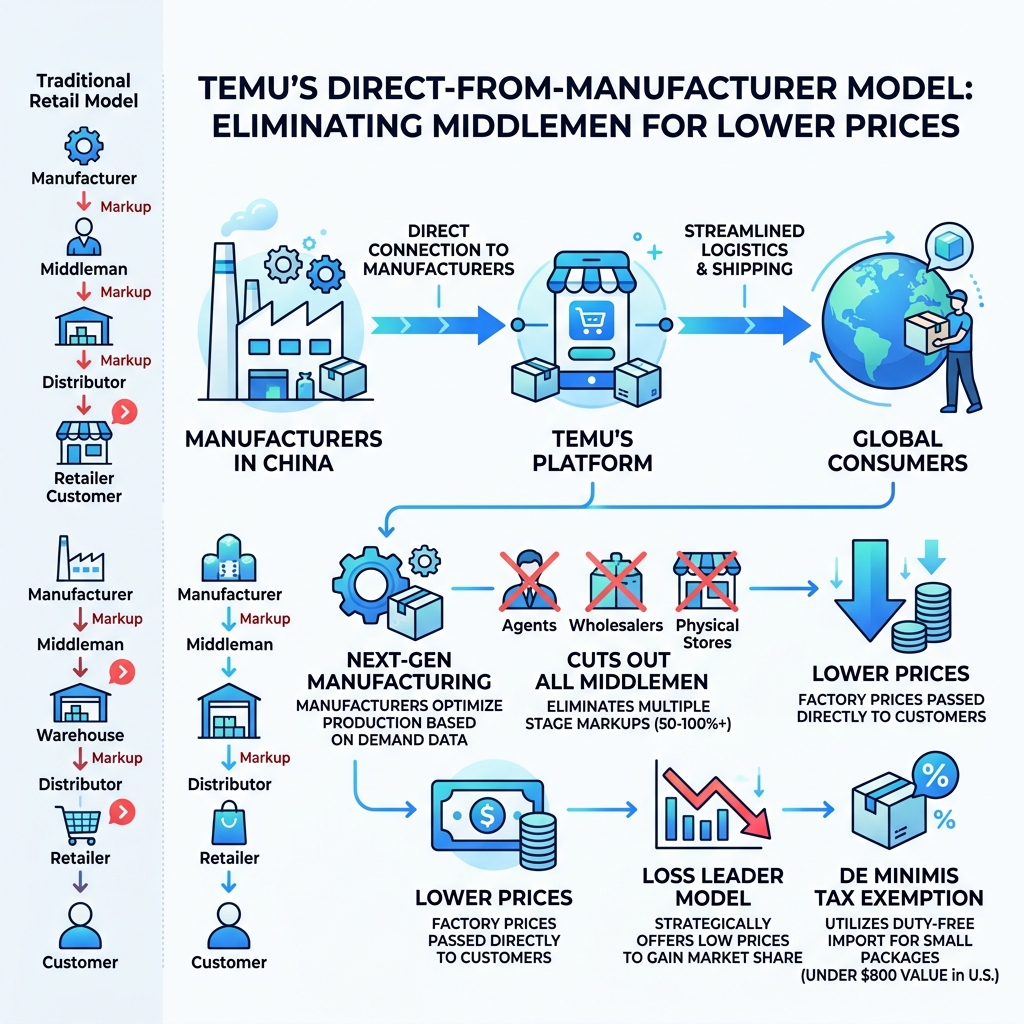 Infographic of Temu direct-from-manufacturer business model - is temu a scam site infographic Infographic of Temu direct-from-manufacturer business model - is temu a scam site infographic