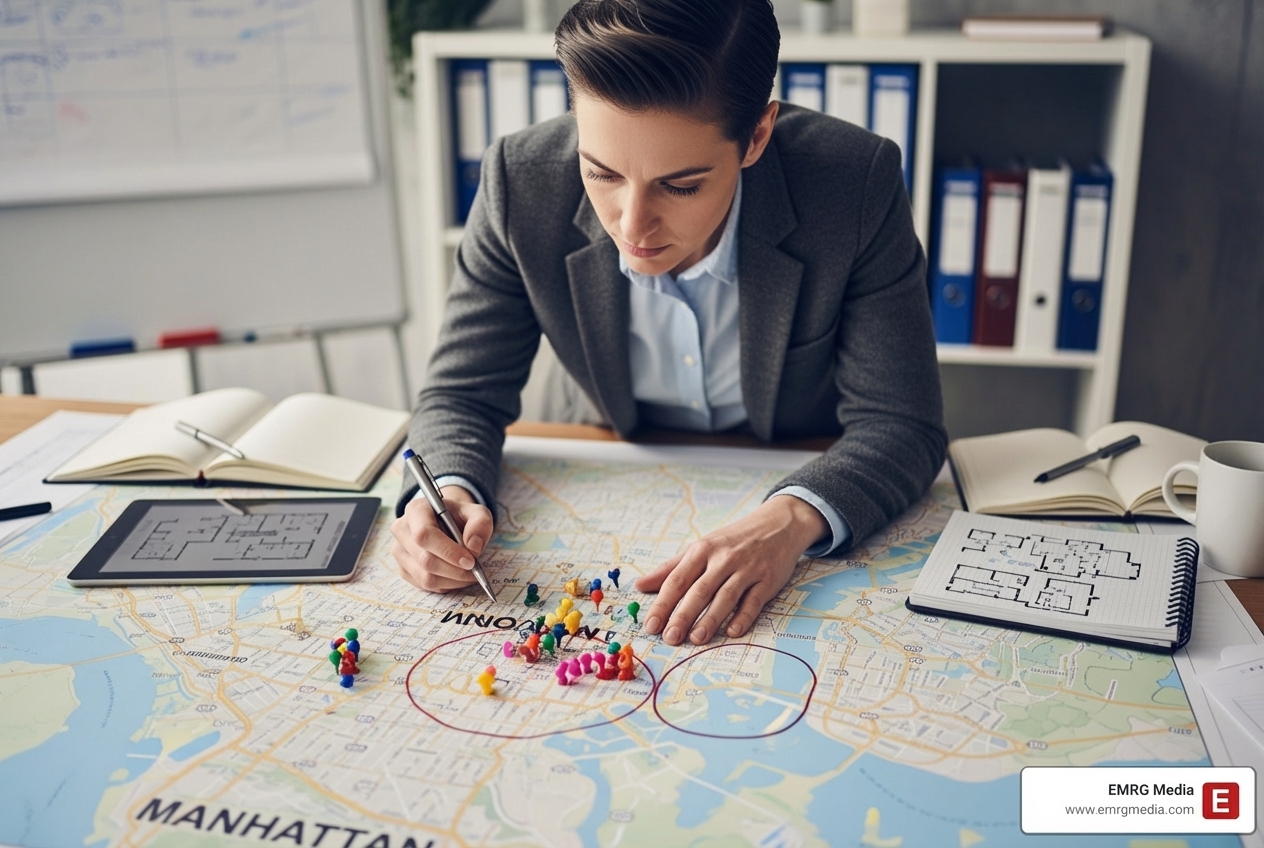 event planner looking at a map of NYC with pins on different venues - employee engagement events NYC event planner looking at a map of NYC with pins on different venues - employee engagement events NYC