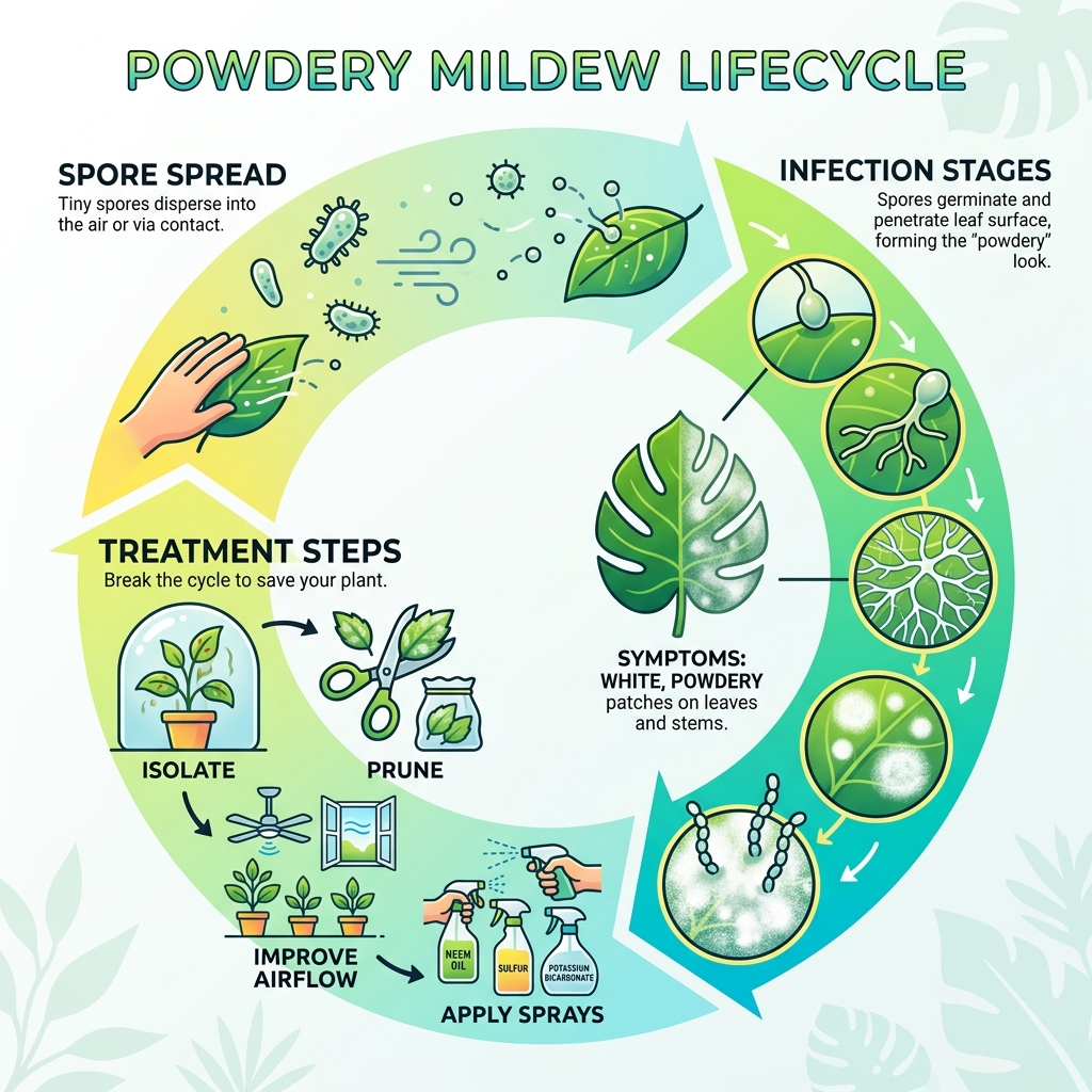 Powdery mildew lifecycle infographic showing spore spread, infection stages, and treatment steps - powdery mildew on