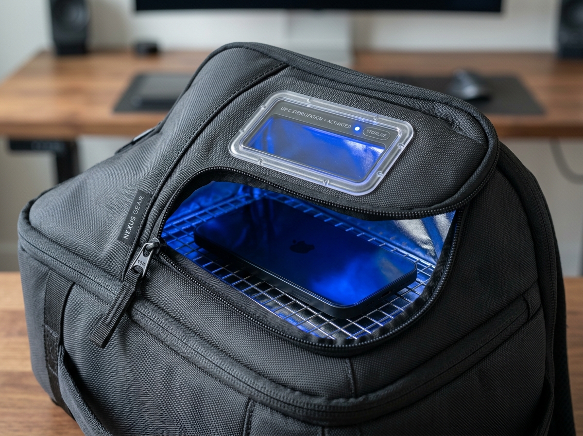 Close-up of a UV-C sterilization pocket with a phone inside and the blue glow visible through a safety window - top uv