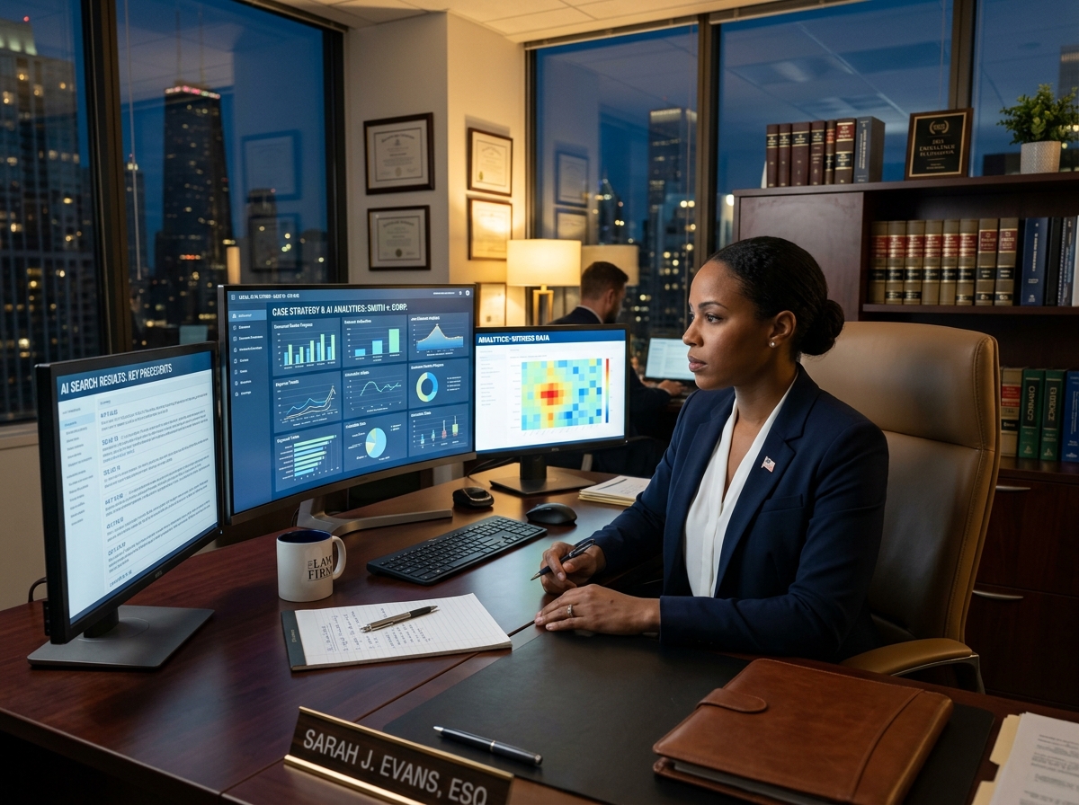 Lawyer reviewing AI search data for case strategy - GEO for Law Firms