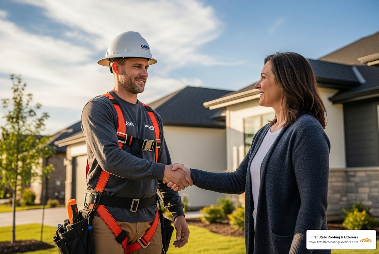 homeowner shaking hands with a professional roofer wearing a safety harness - local roofing companies in my area
