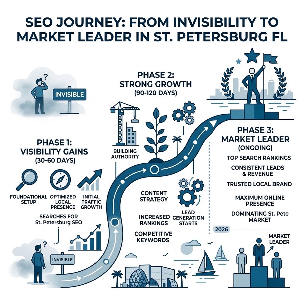 SEO journey infographic illustrating phases from invisibility to market leader in St. Petersburg, FL, featuring visuals of growth metrics, local search optimization, and key milestones for SEO success.