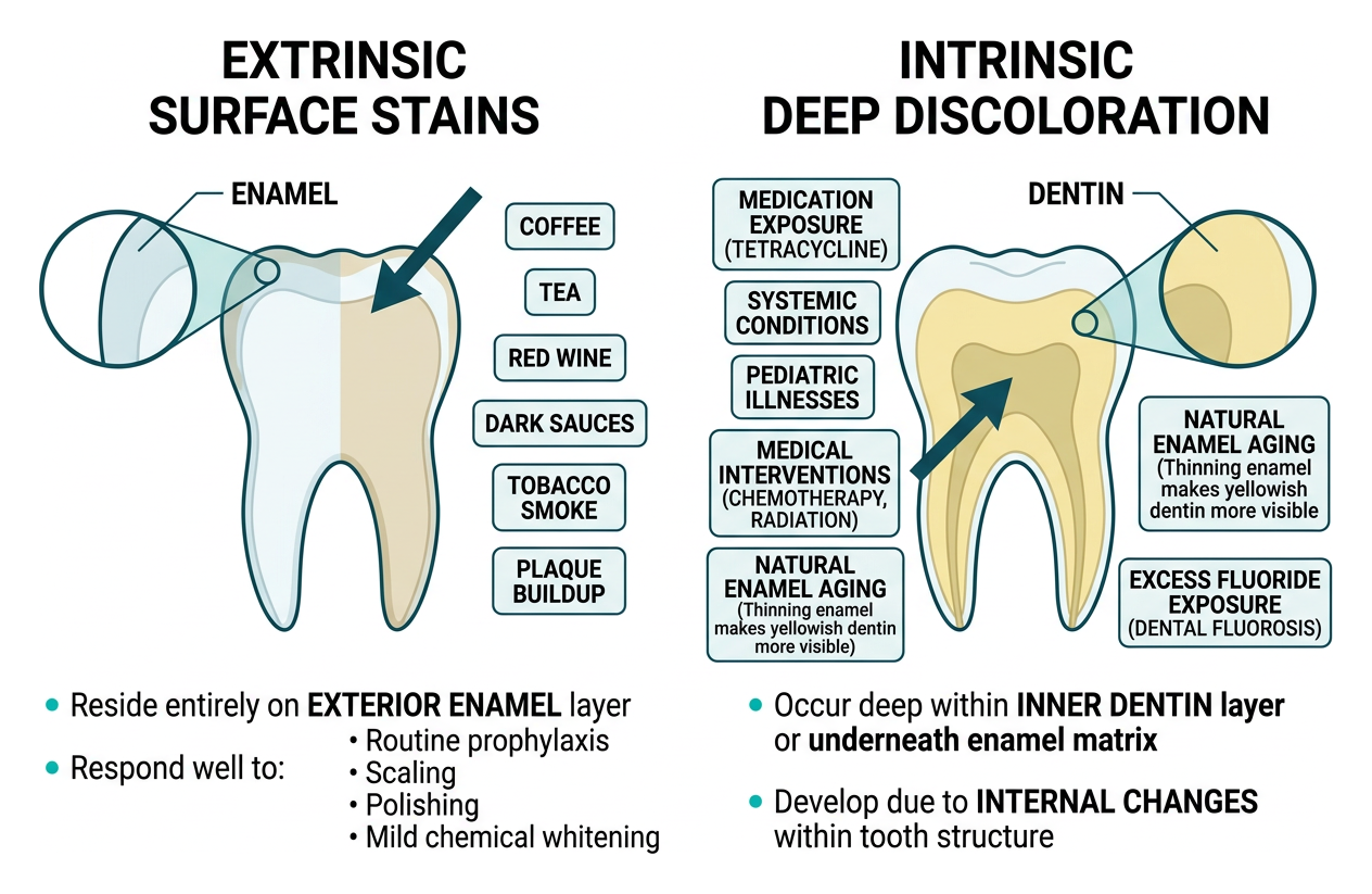 Comparison diagram showing the differences between extrinsic surface stains and deep intrinsic tooth discoloration