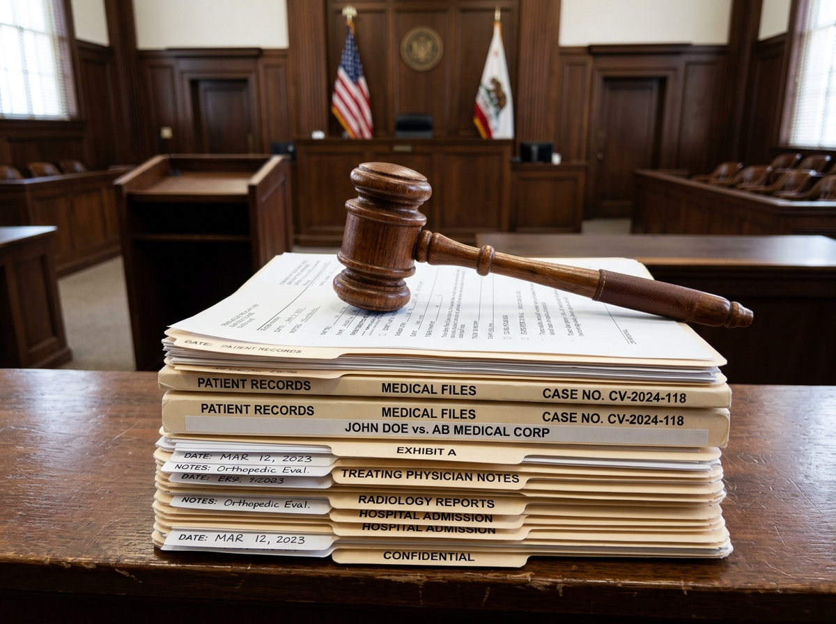 courtroom gavel and medical files representing legal foundations - Accident injury lawsuit