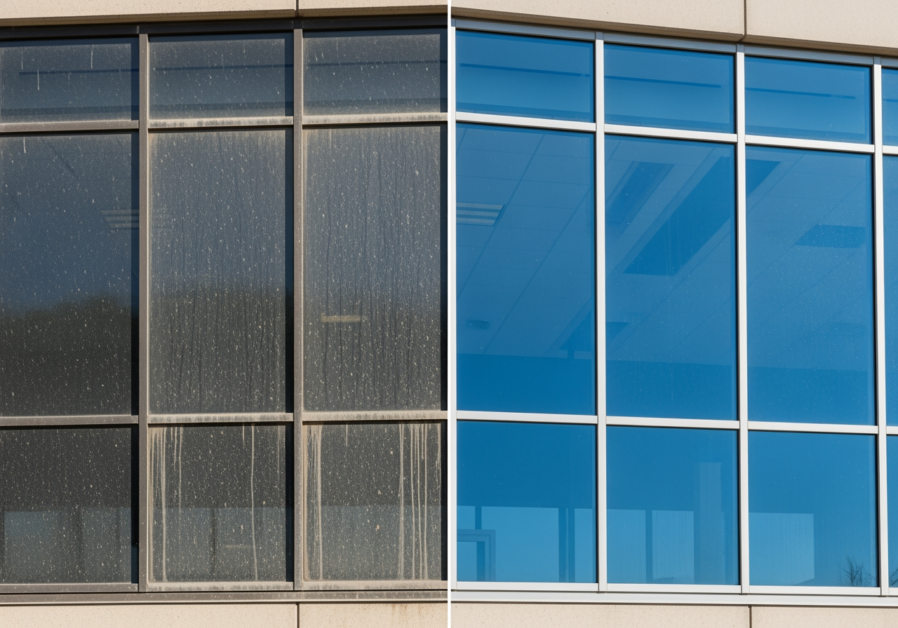 before-and-after of a commercial building's windows being cleaned - best way clean windows