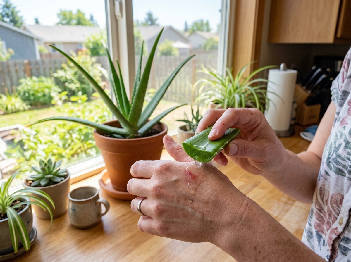 person applying fresh aloe gel from a cut leaf to a minor burn on their hand - aloe vera indoor benefits person applying fresh aloe gel from a cut leaf to a minor burn on their hand - aloe vera indoor benefits