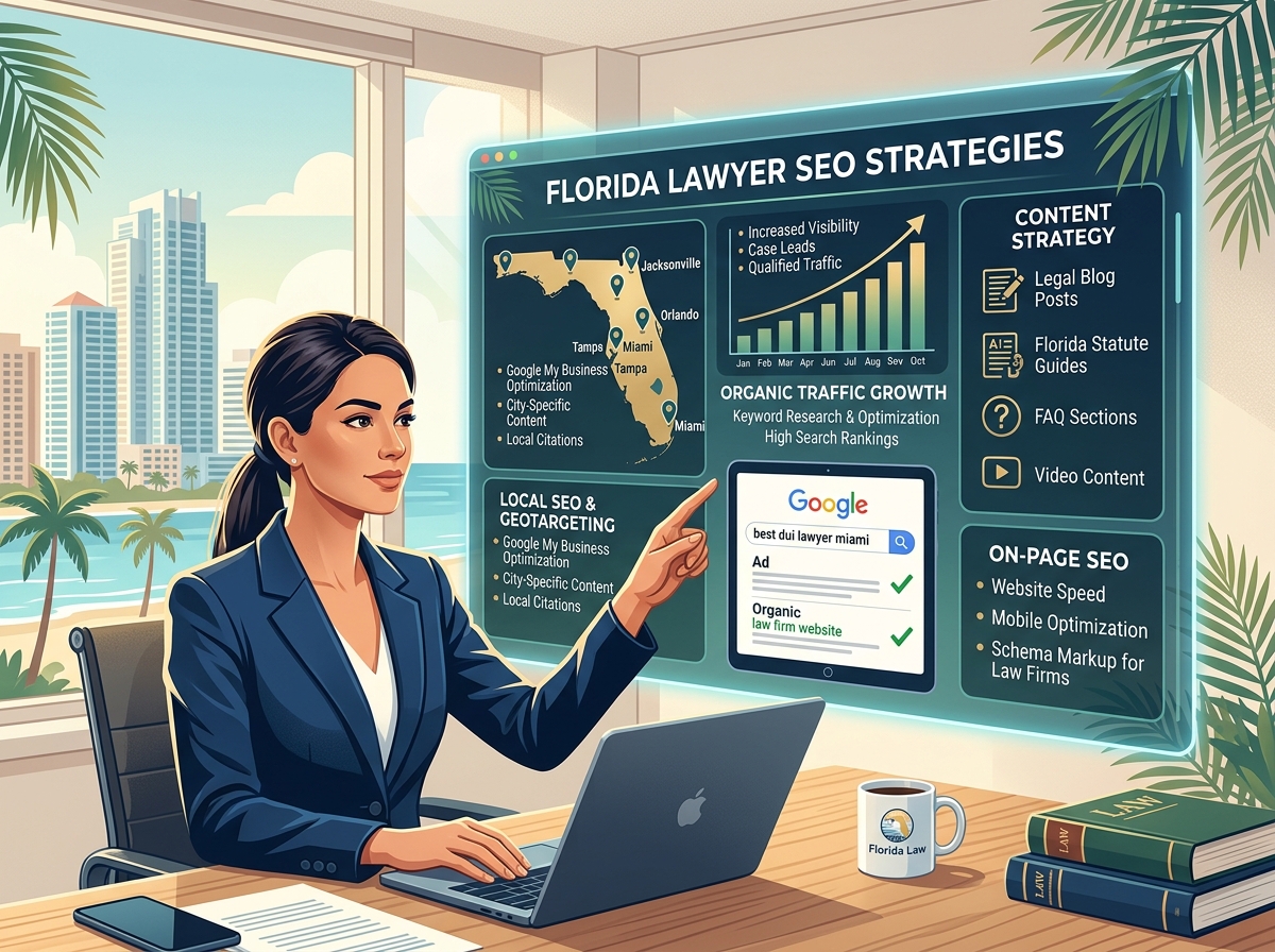 Businesswoman discussing Florida lawyer SEO strategies with a digital display showing local SEO tactics, organic traffic growth, and a Google search example for legal services, set against a backdrop of a sunny cityscape.