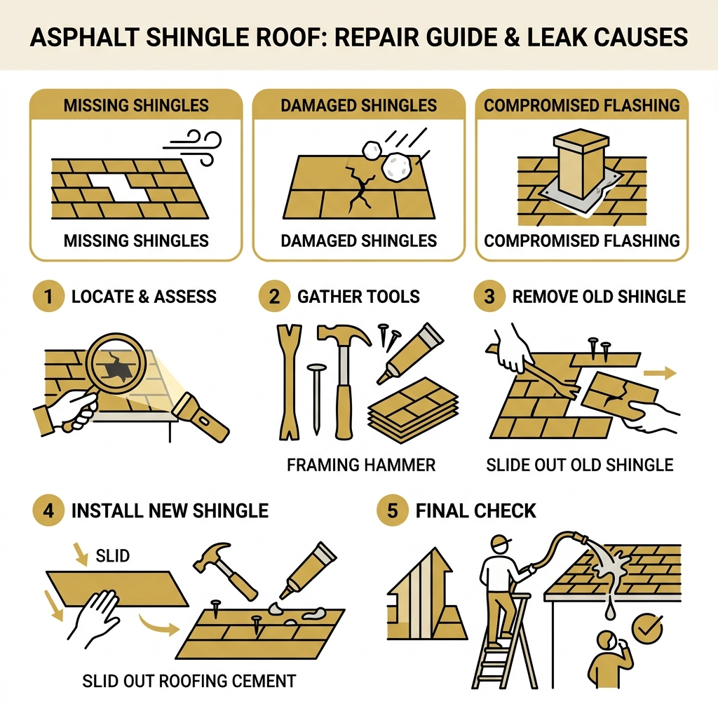 Step-by-step infographic showing asphalt shingle roof fix process and common leak causes - asphalt shingle roof fix