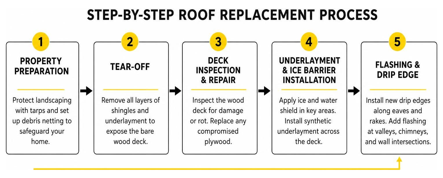 Step-by-step roof replacement process sequence Step-by-step roof replacement process sequence
