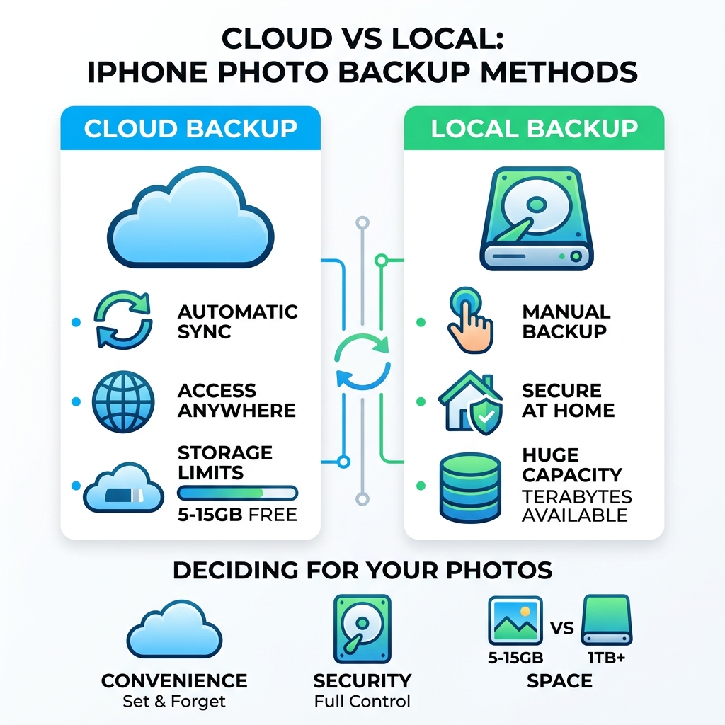 Cloud vs local iPhone photo backup methods comparison infographic - backup iphone photos free infographic 