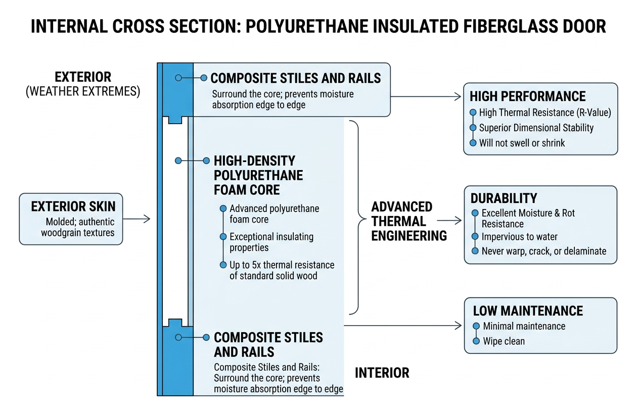 Internal cross section of a polyurethane insulated fiberglass door Internal cross section of a polyurethane insulated fiberglass door