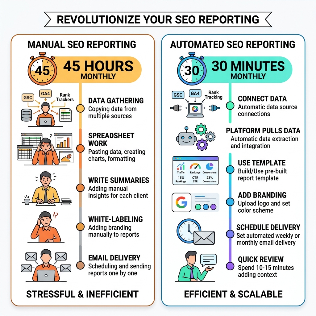 Manual 45-hour vs automated 30-minute SEO reporting workflow comparison infographic - automate seo reporting infographic 