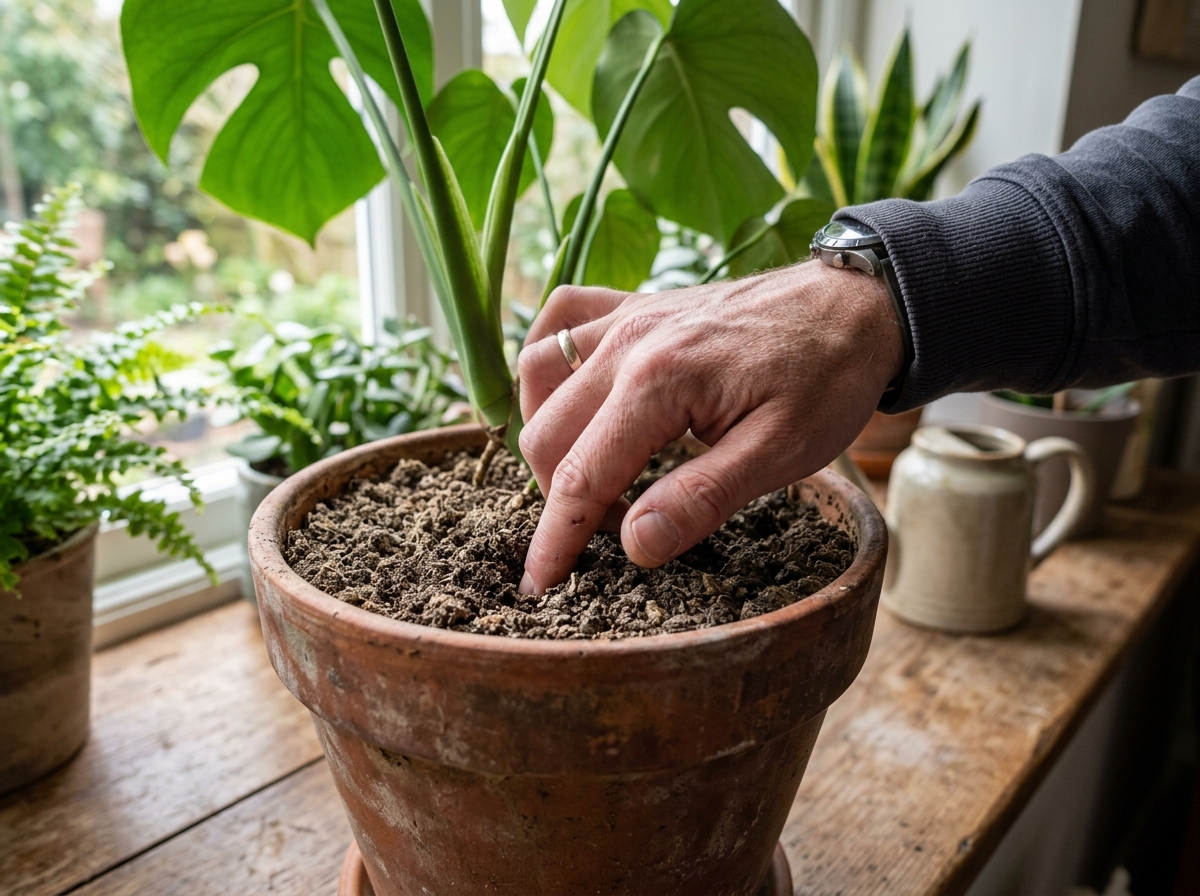 Person checking soil moisture with their finger in a terracotta pot - indoor plant care