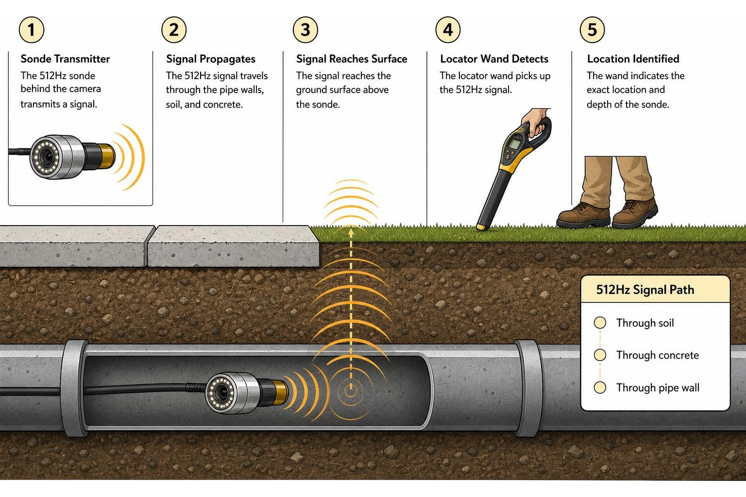 Diagram showing how a 512Hz sonde transmitter sends a signal through soil and concrete to a locator wand on the surface Diagram showing how a 512Hz sonde transmitter sends a signal through soil and concrete to a locator wand on the surface