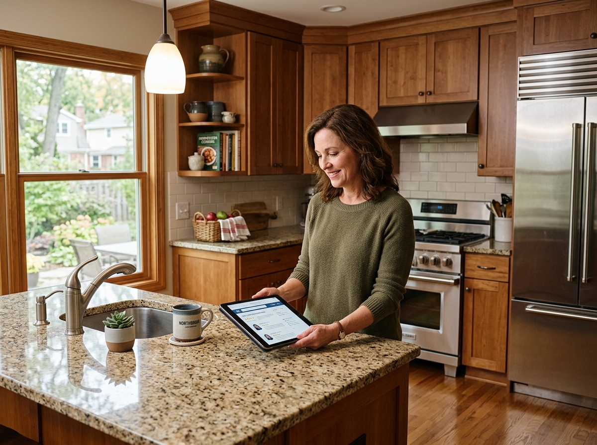 homeowner in a Northbrook kitchen reviewing local HVAC contractor reviews on a tablet - affordable hvac services near me