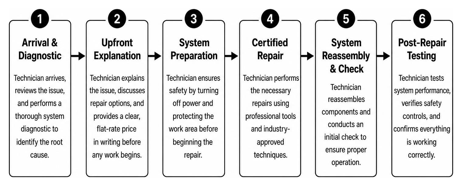 Diagram showing professional HVAC repair process from diagnostic to post-repair testing