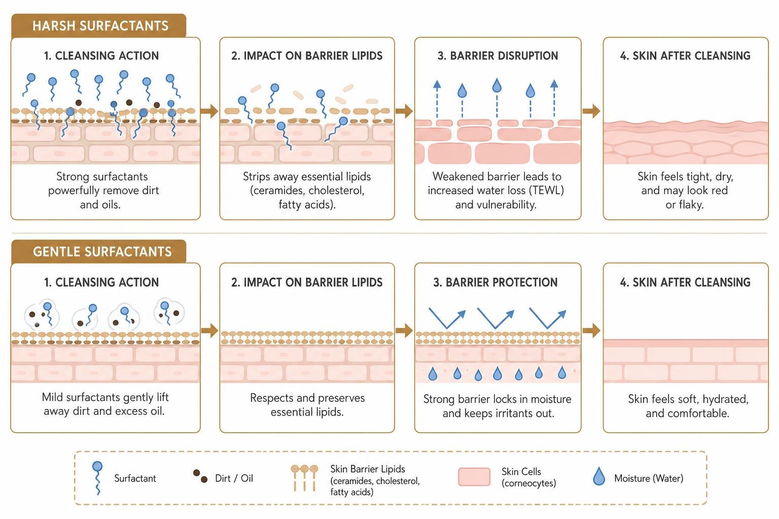 Diagram showing the impact of gentle versus harsh surfactants on the skin barrier lipids Diagram showing the impact of gentle versus harsh surfactants on the skin barrier lipids
