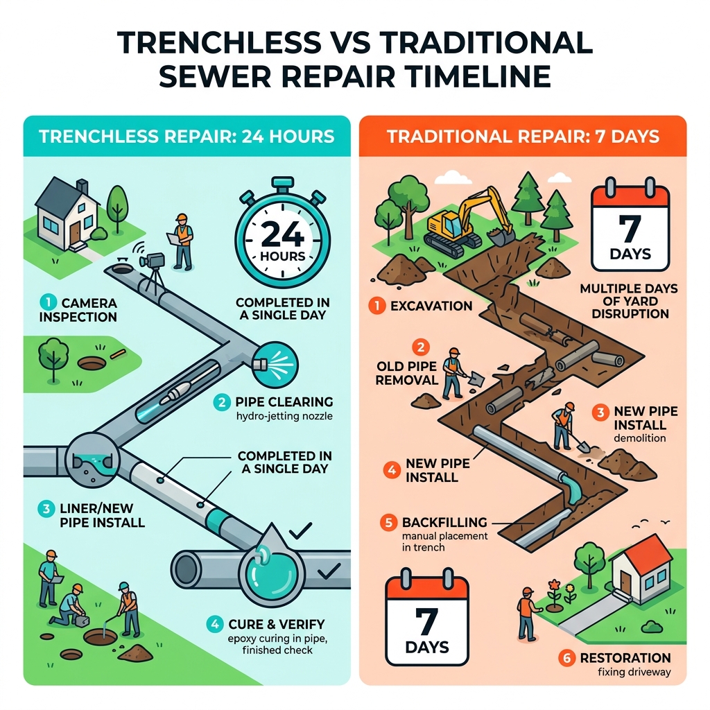 Trenchless vs traditional sewer repair timeline comparison: 24 hours vs 7 days - how does trenchless sewer line replacement