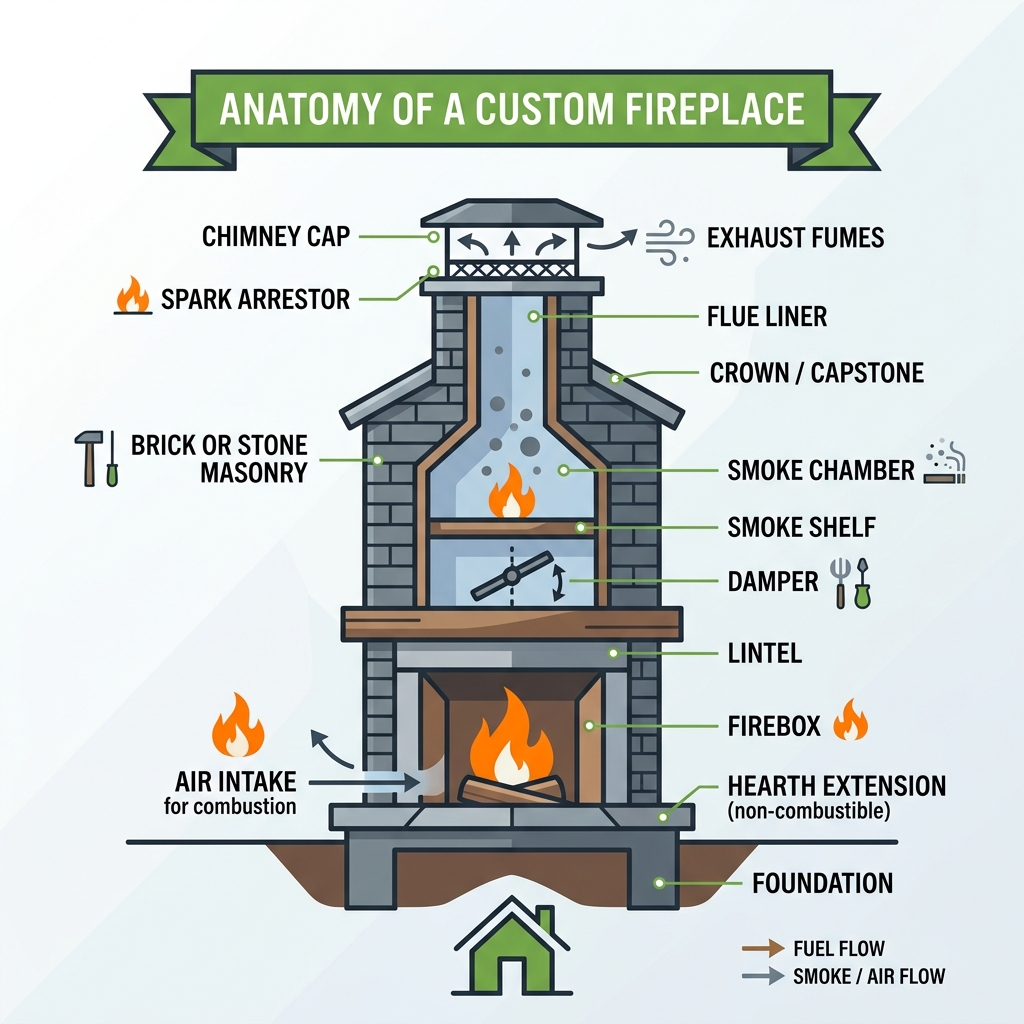 Infographic showing the anatomy of a custom fireplace from firebox to chimney cap with labels for each key component