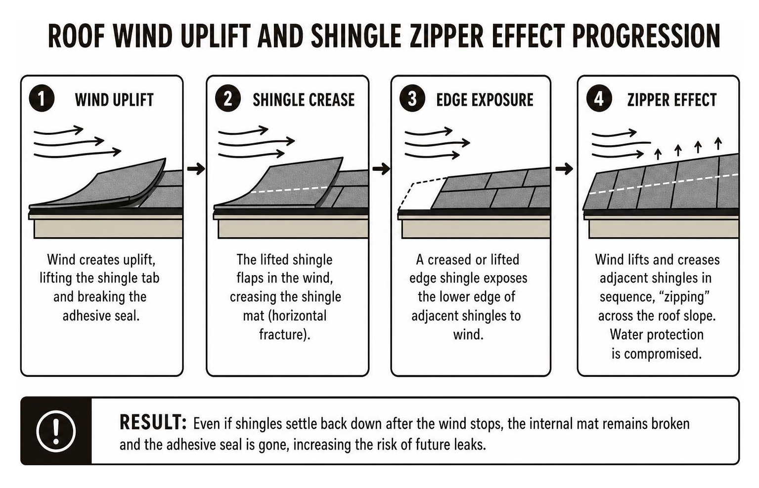 Roof wind uplift and shingle zipper effect progression